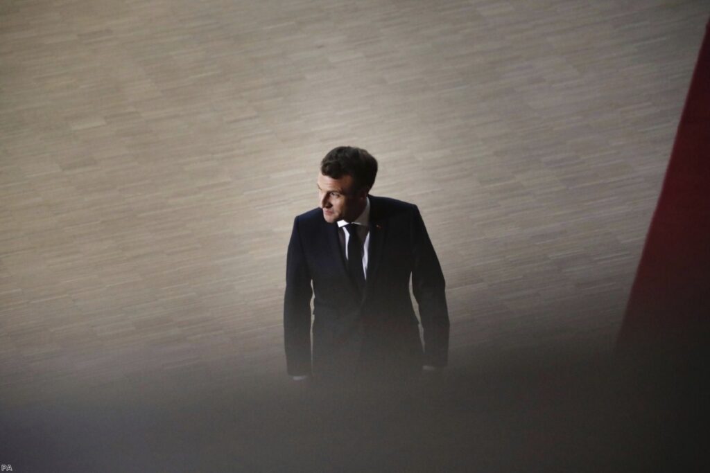 Macron arrives at the EU summit yesterday. His efforts blocked a longer extension.