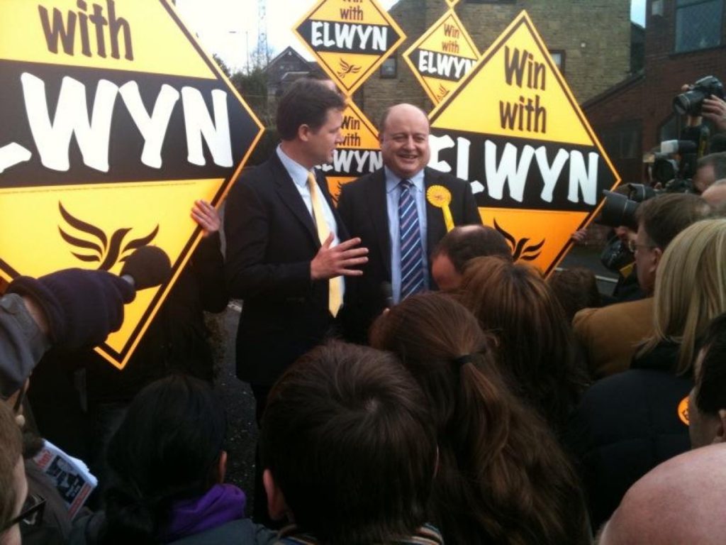 Nick Clegg campaigns with Elwyn Watkins in Grotton yesterday