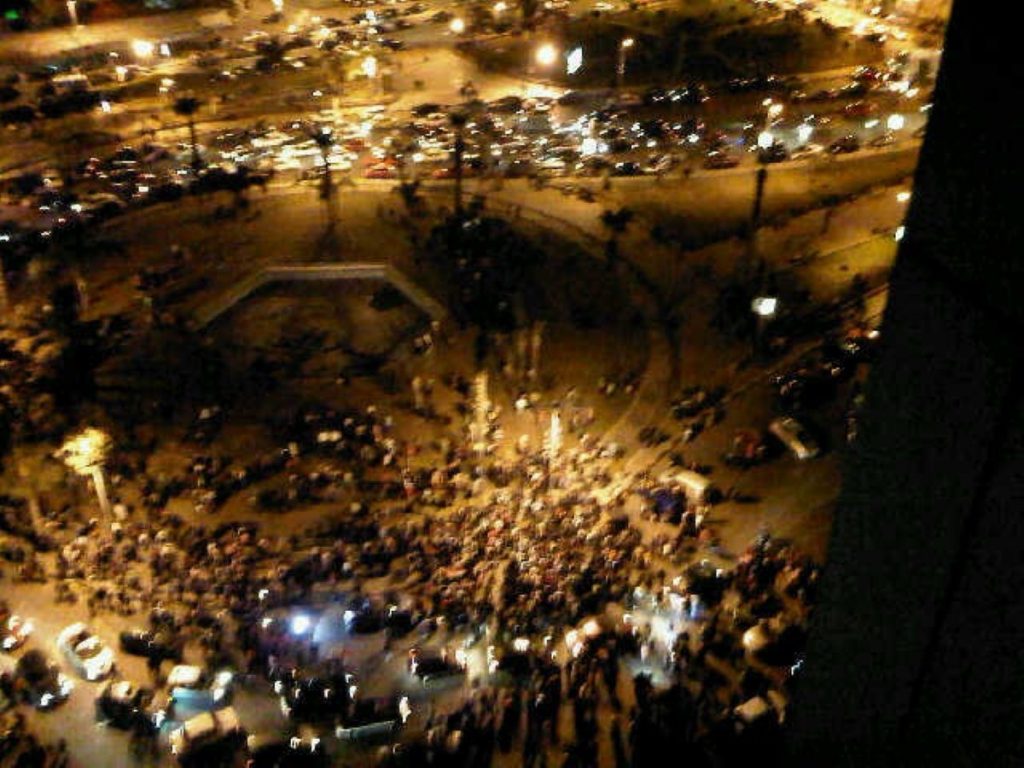 Protestors celebrate the end of President Mubarak in Cairo's Tahrir Square in a defining moment of the Arab Spring