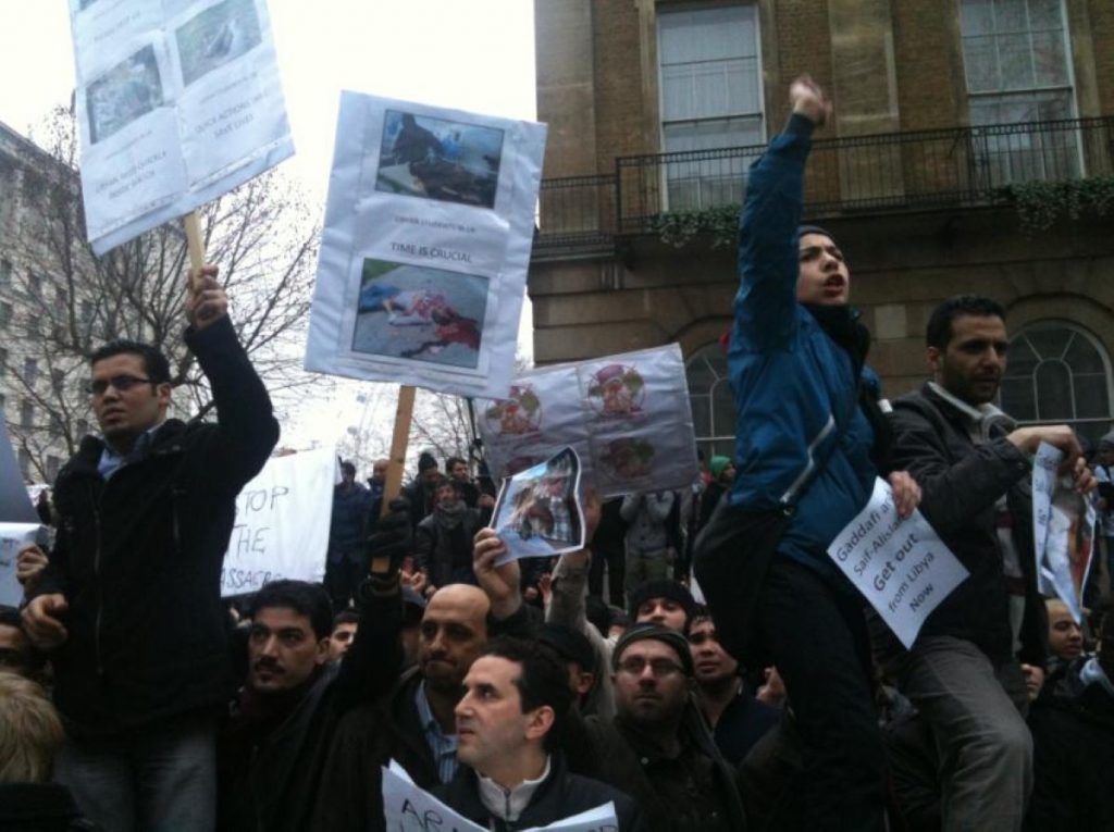 Libya demonstrators outside Downing Street make their views known