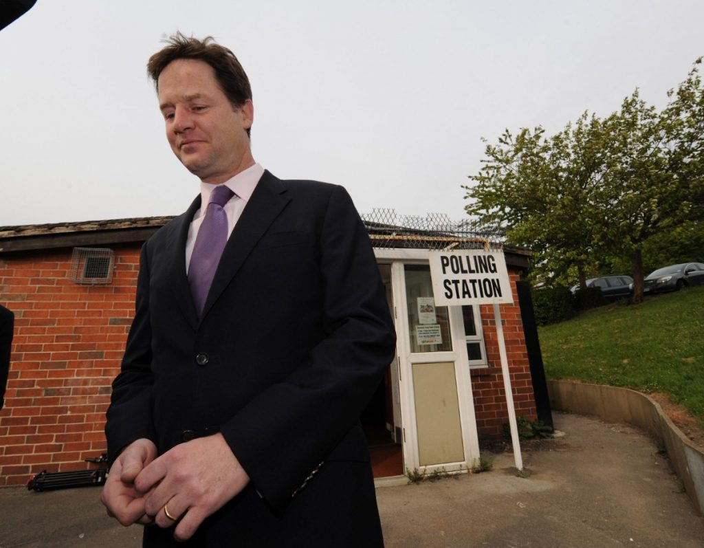 Nick Clegg outside of his polling station in Sheffield after voting in the local elections and AV referendum