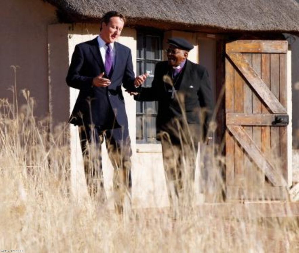 David Cameron with Archbishop Desmond Tutu in South Africa yesterday