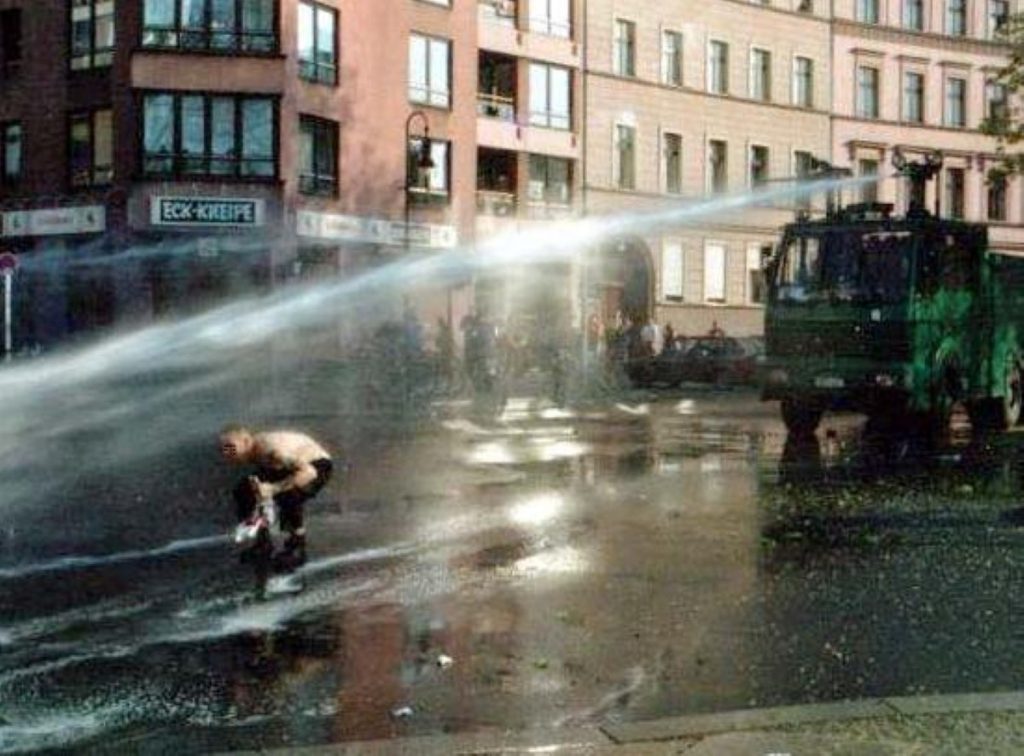 A German water cannon in use at a demonstration in 2001