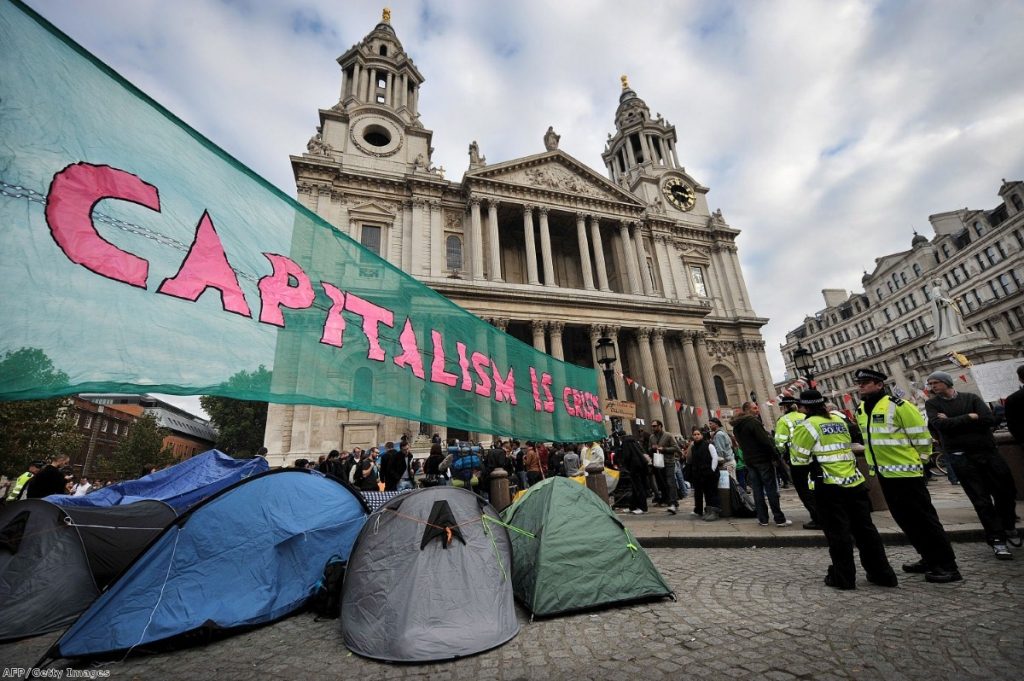 The scene outside St Paul's where campaigners are camped.