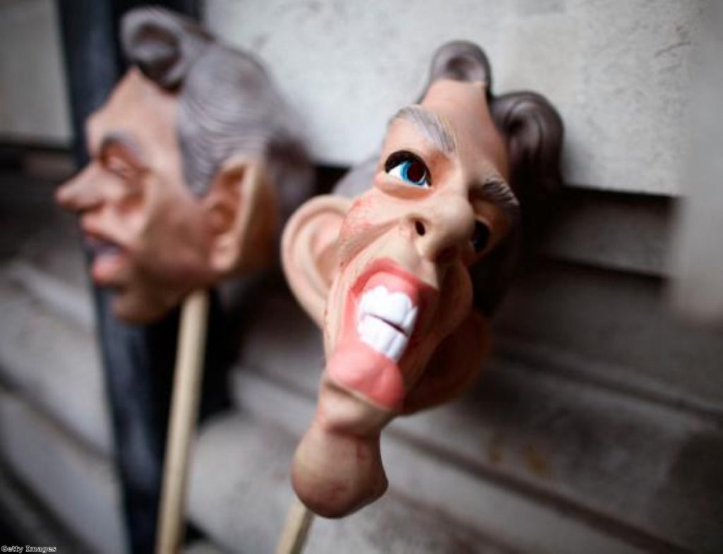 Blair masks outside the Iraq Inquiry. Chilcot cannot even give a timetable of when it might be published.