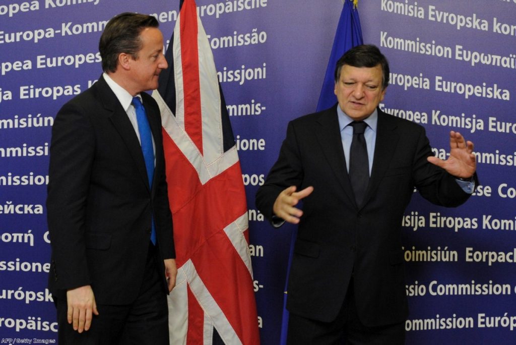 David Cameron stands next to European Commission president Jose Manuel Barroso during bilateral meeting in Brussels last year.