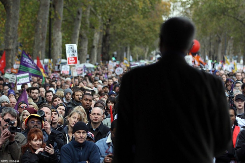 Labour mayoral candidate Ken Livingstone addresses striking public sector workers last year, as Ed Miliband did during an anti-cuts rally months earlier.