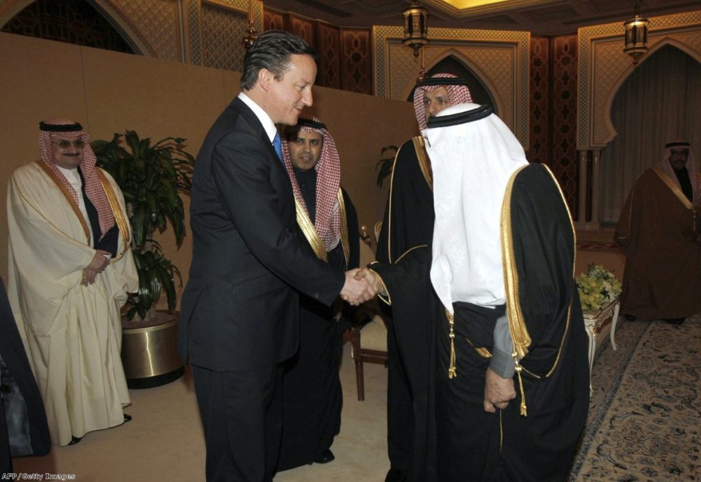 Saudi's Prince Nayef bin Abdul Aziz al-Saud welcomes David Cameron when they met in Riyadh last January.