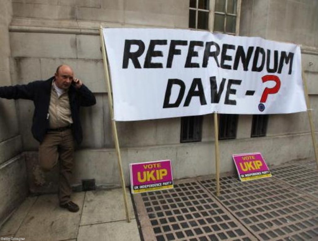 A Ukip member pressures the Tories outside their conference