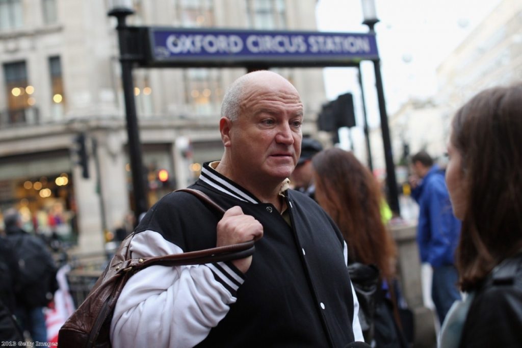 Bob Crow protests outside Oxford Circus station against plans to cut jobs and close ticket offices.