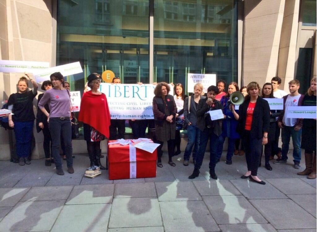 Writers for Liberty drop off a parcel of books at the MoJ for Chris Grayling