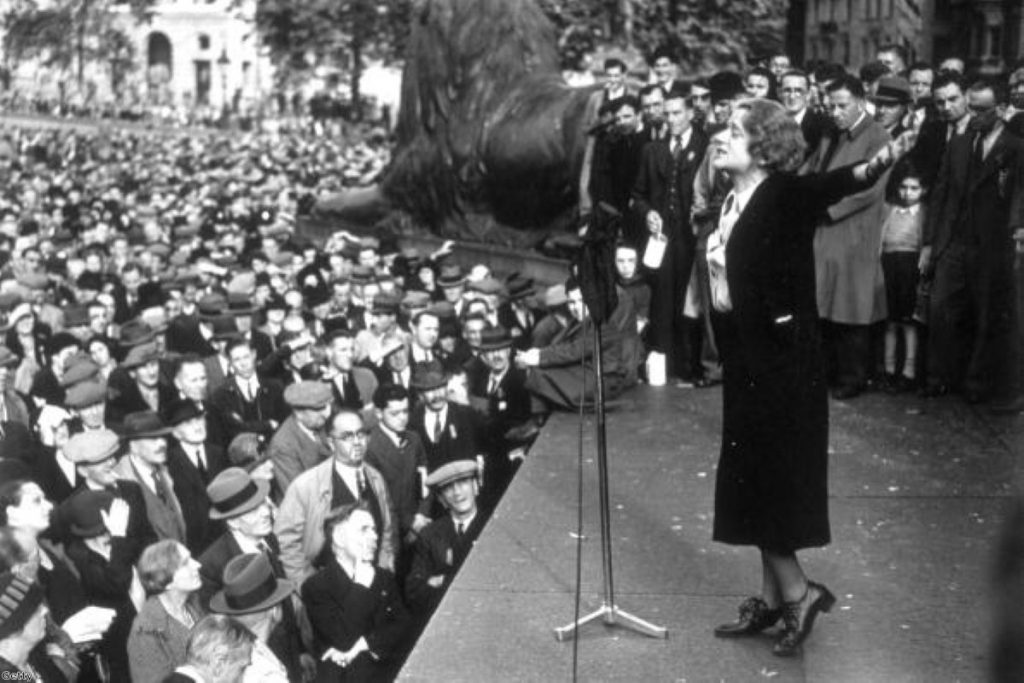Labour MP Ellen Wilkinson addressing a demonstration in Trafalgar Square, 1938
