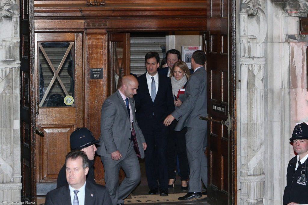 Miliband leaves the TV debate last night. It was no game-changer, but Labour will be pleased with how the evening went.