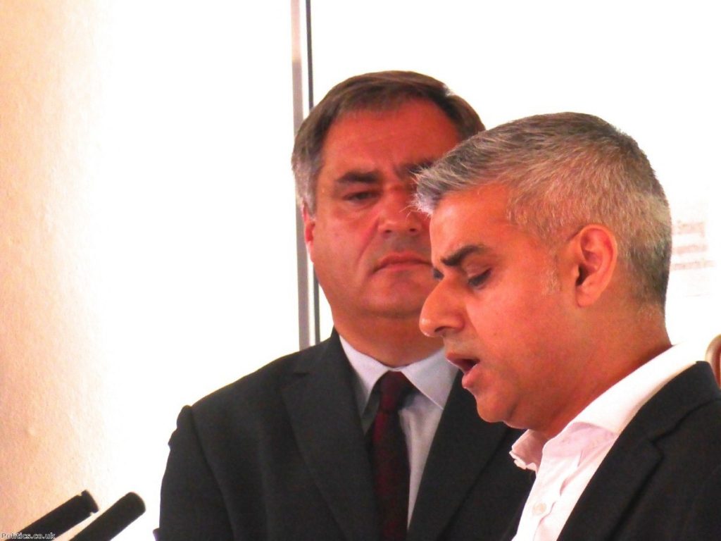 Labour London Assembly leader Len Duvall looks on as Sadiq Khan wins the nomination