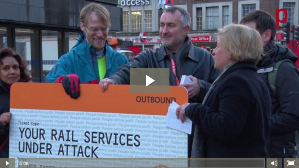 Natalie Bennett protesting outside Kings Cross about train fares rising