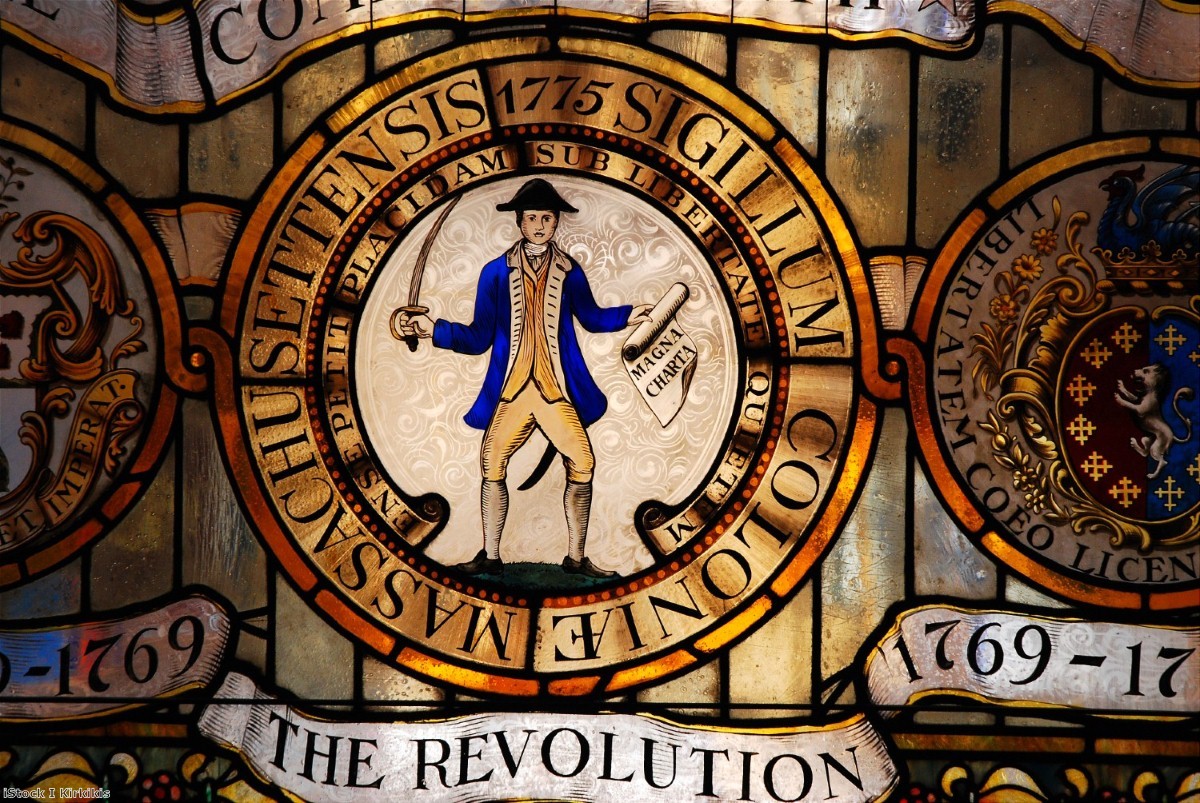 The Magna Carta is celebrated on a stained glass window in Massachusetts State House