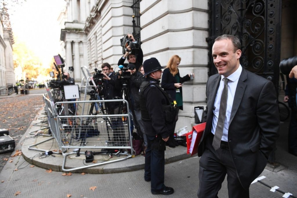 Raab arrives in Downing Street for the Cabinet meeting yesterday. This morning, he resigned as Brexit secretary.