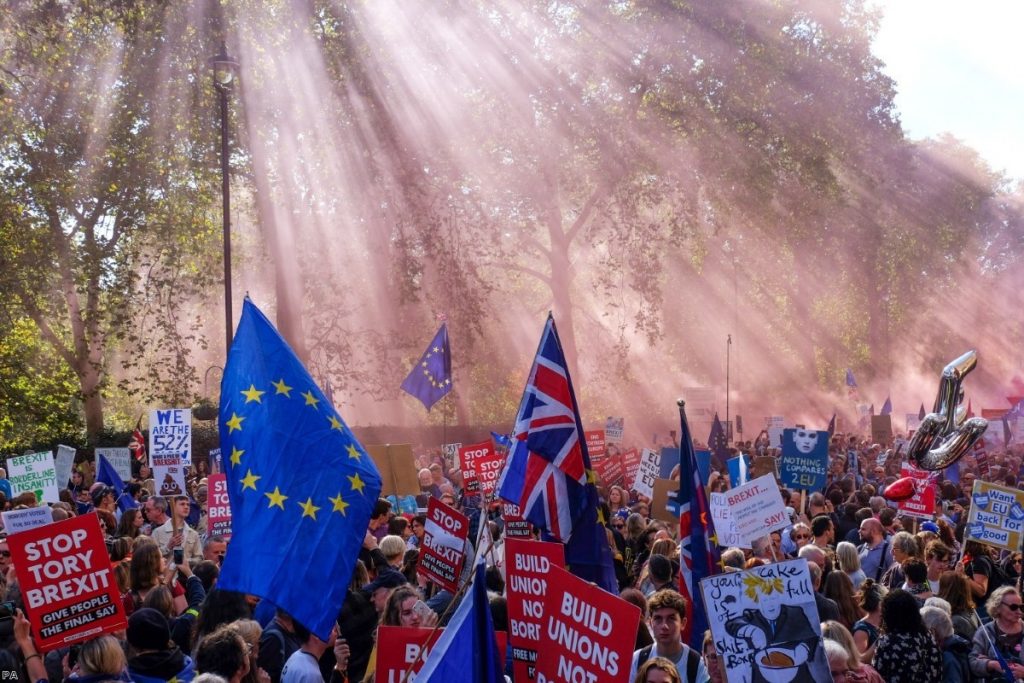 The sun shines on anti-Brexit demonstrators at a march in October. Their chances of staying in the EU are now improved. 