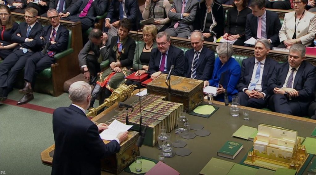 Corbyn during PMQs. The Labour leader's 'constructive ambiguity' policy has finally run out of road.