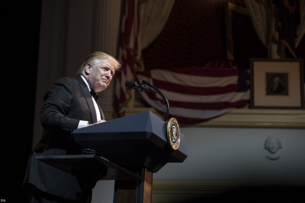 US President Donald Trump delivers a speech at the Ford's Theatre Society Annual Gala yesterday. He will arrive in London this week.