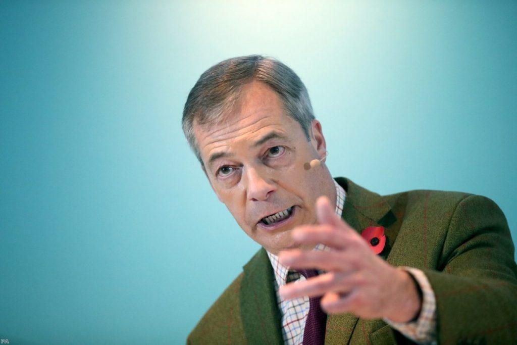 Brexit Party leader Nigel Farage addresses supporters at the Washington Central Hotel in Workington.