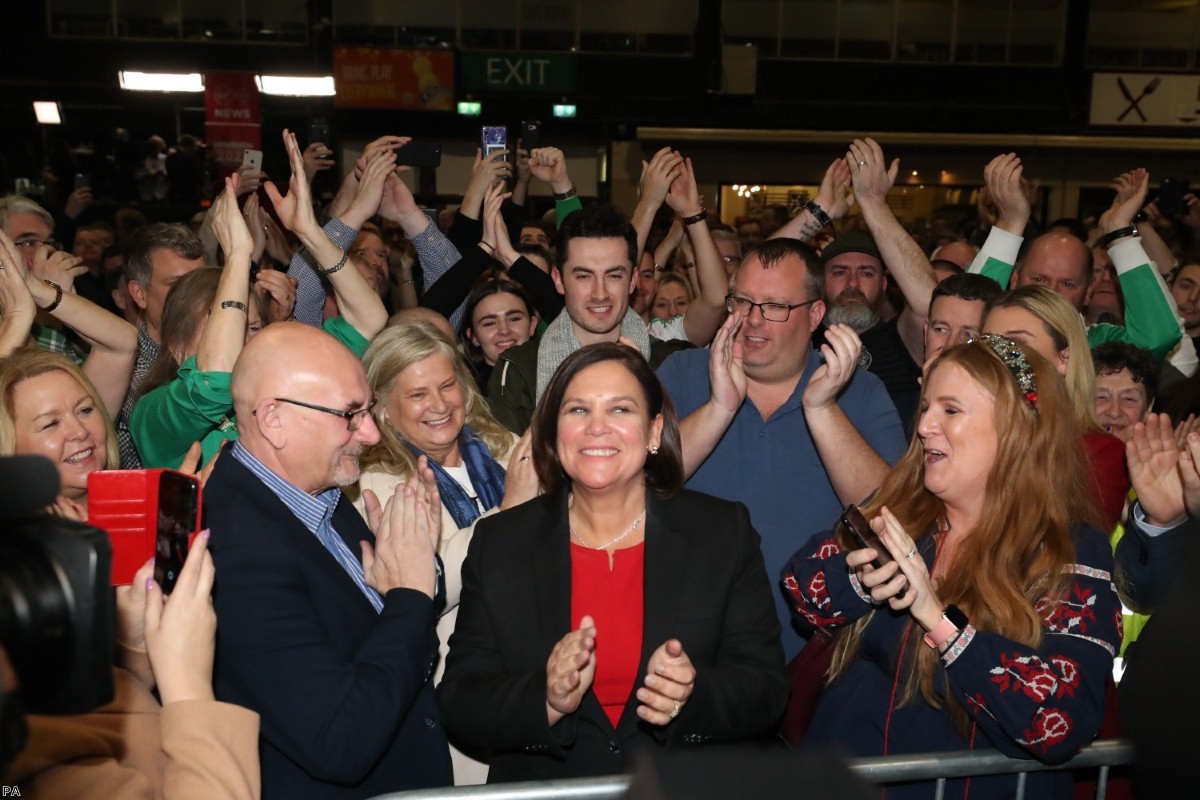 Sinn Fein leader Mary Lou McDonald celebrates during the Irish general election count