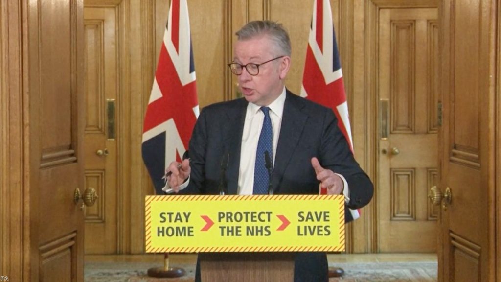Minister for the Cabinet Office Michael Gove answers questions from the media via a video link in Downing Street.