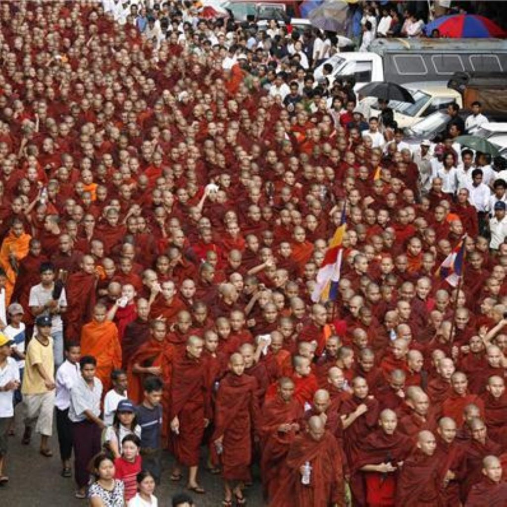 Burmese monks flood the streets in protest, as Gordon Brown warns ruling leaders to excercise 