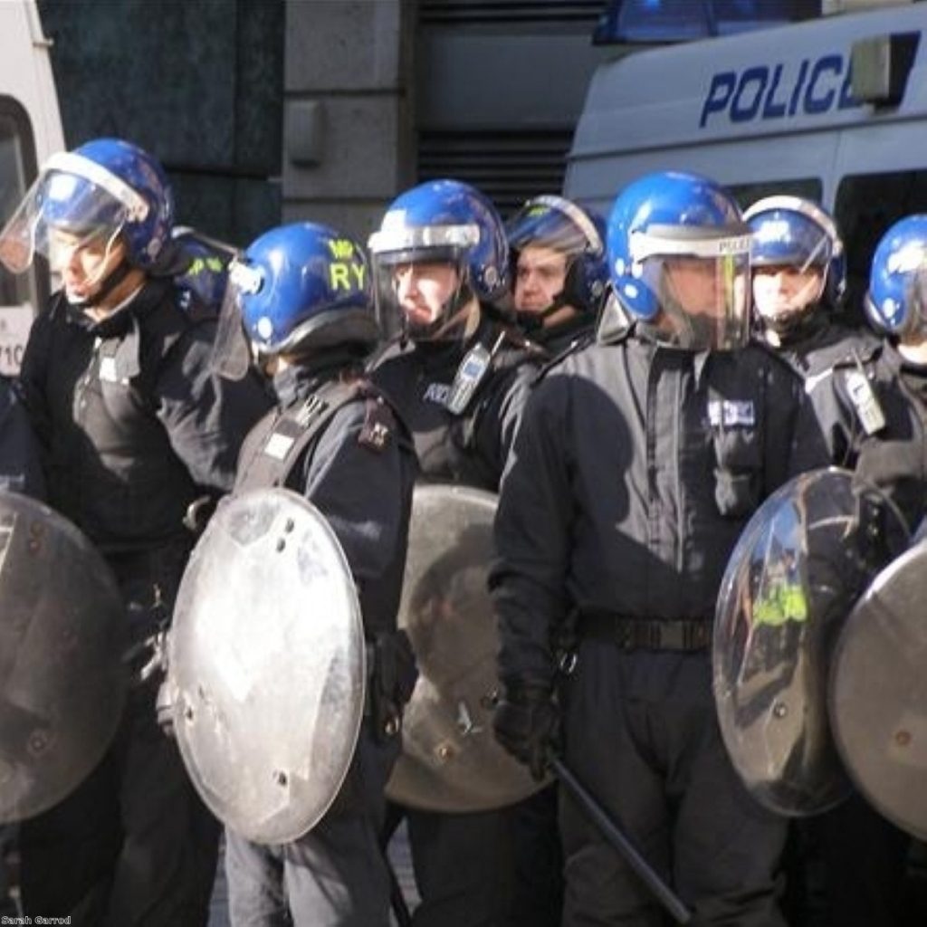 Police attend the G20 protests in April. Climate Camp activists complained of violence at the hands of the police during the demonstrations.