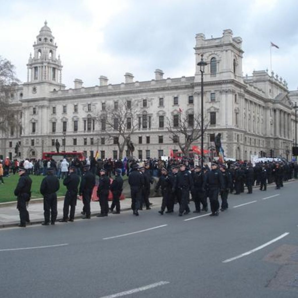 Police control a protest earlier this year on Parliament Square