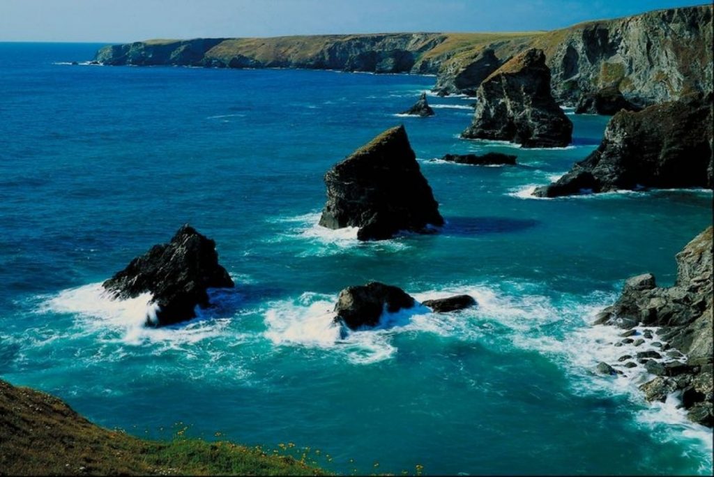 The Bedruthan Steps in Cornwall. Luckily, the prime minister was close to home when news of events in Tripoli arrived.