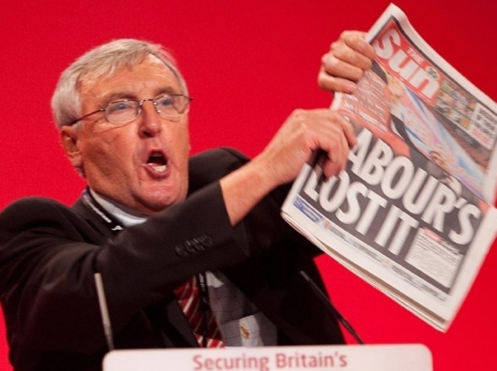 Tony Woodley, of Unite, tears up the famous Sun front page last year. Labour is desperate to prove it can still win the general election.