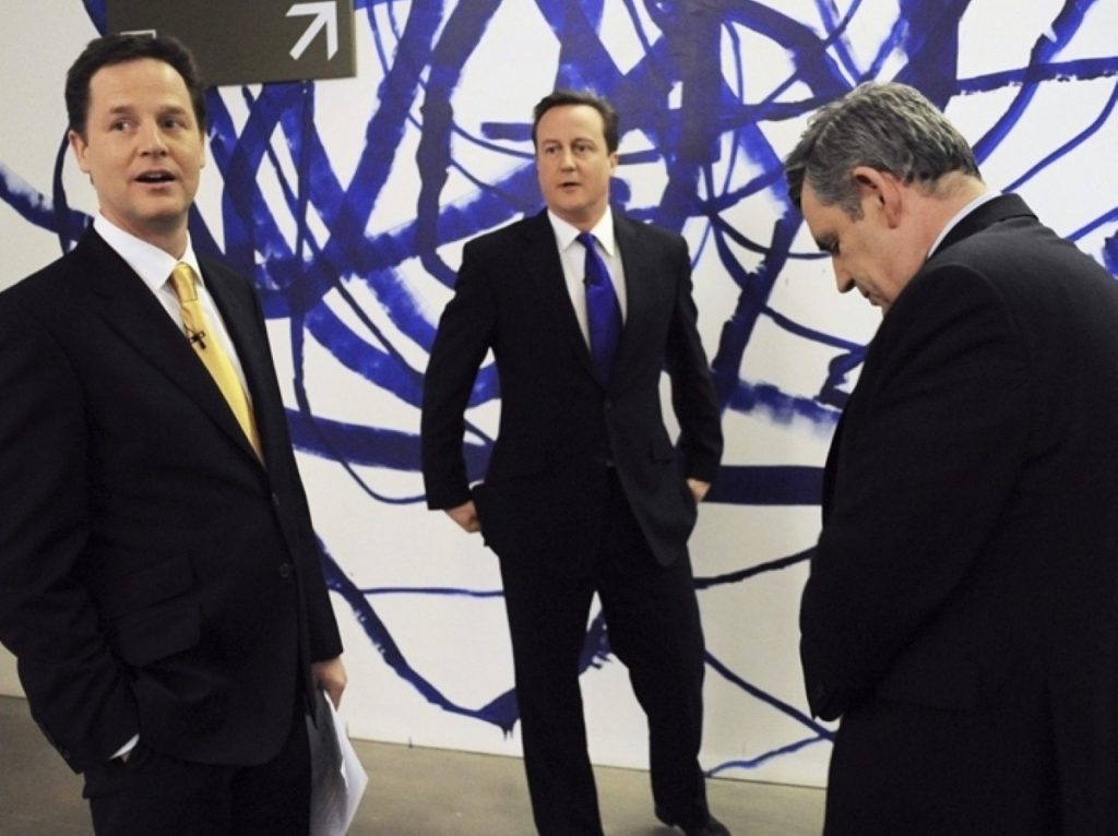 The three leaders before the second debate. One poll puts Clegg neck-and-neck with Cameron.