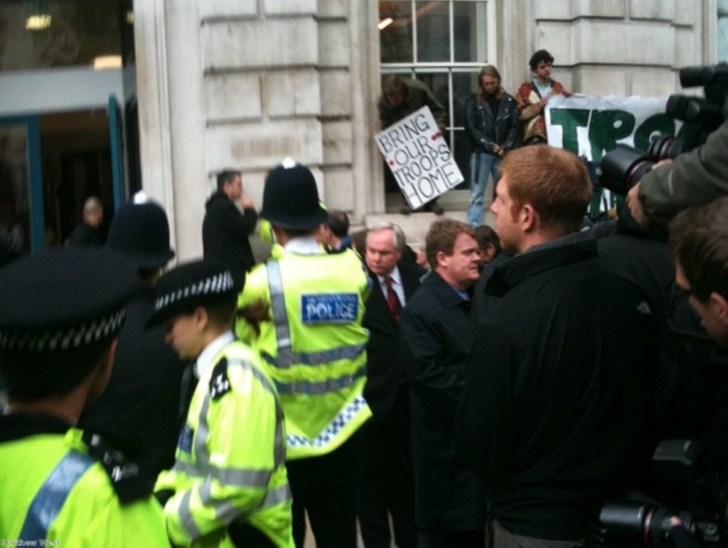 Protestors were moved on from the Cabinet Office before the politicians emerged