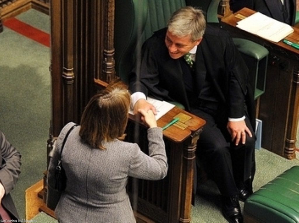 Bercow enjoys a polite moment with Harriet Harman at the end of the last parliamentary session