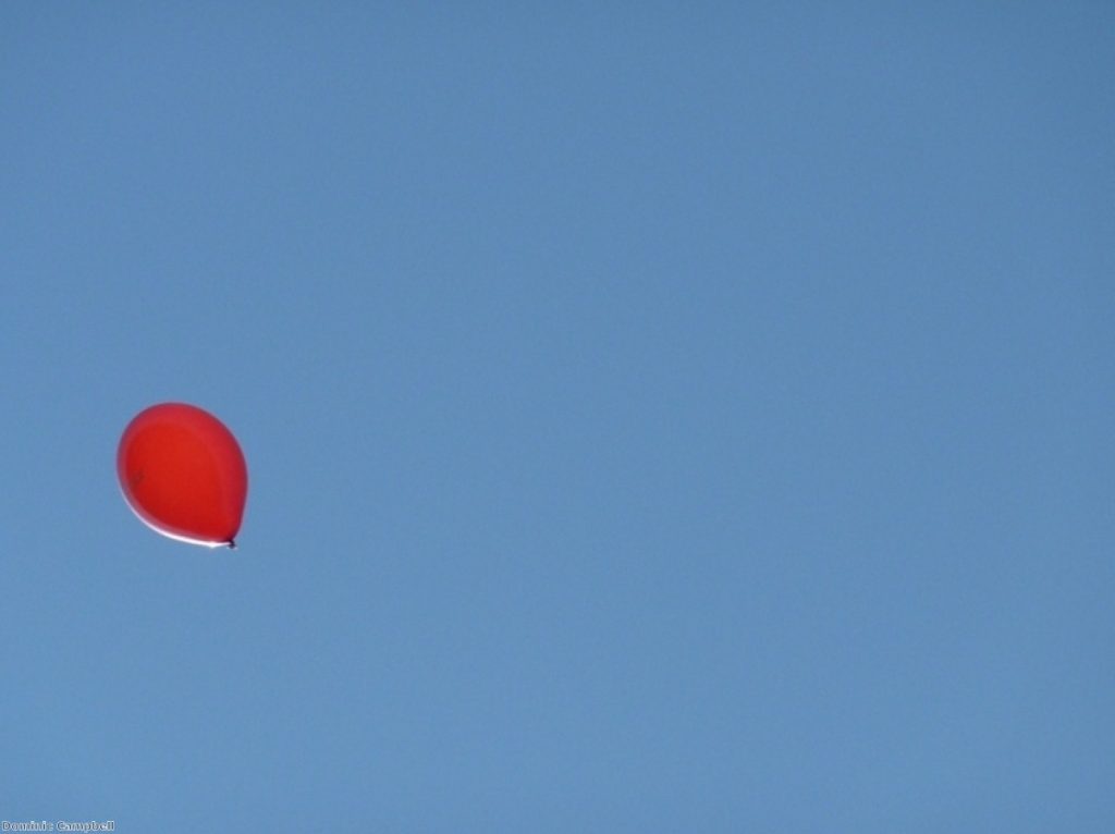 A Labour balloon drifts into the sky on the first day of the election campaign.
