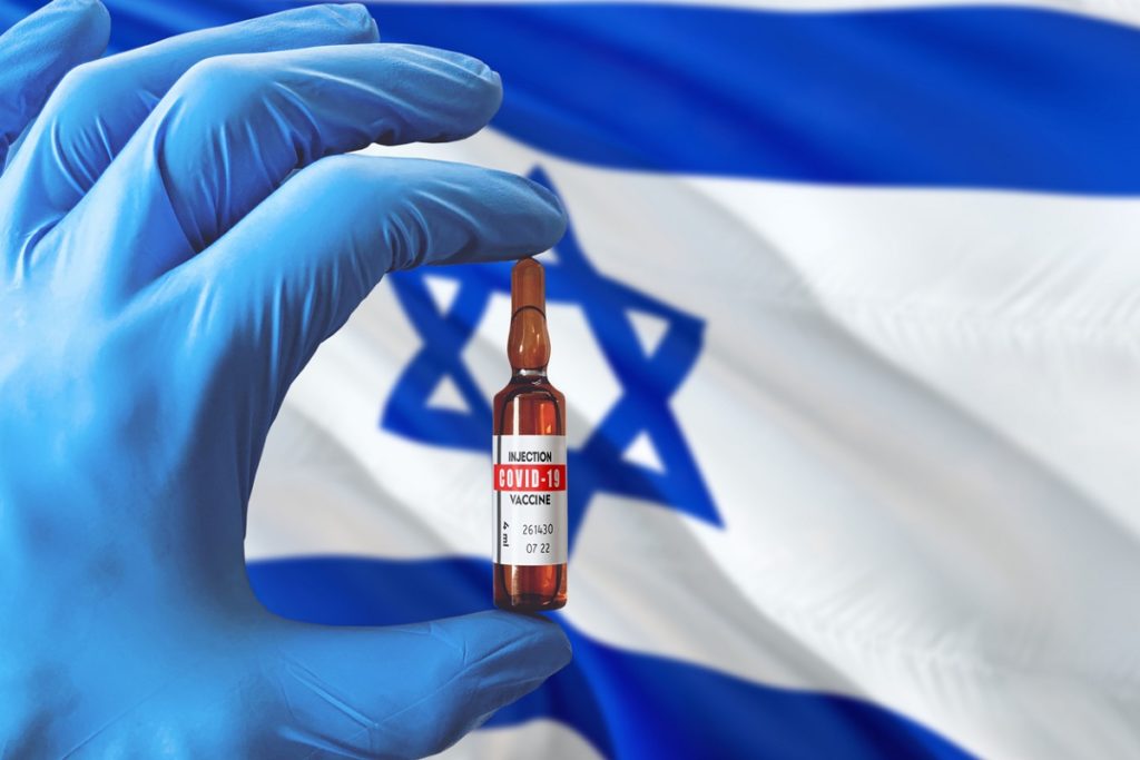 Israel flag with Coronavirus Covid-19 concept. Doctor with blue protection medical gloves holding a vaccine bottle. Epidemic Virus, Cov-19, Corona virus outbreaking.