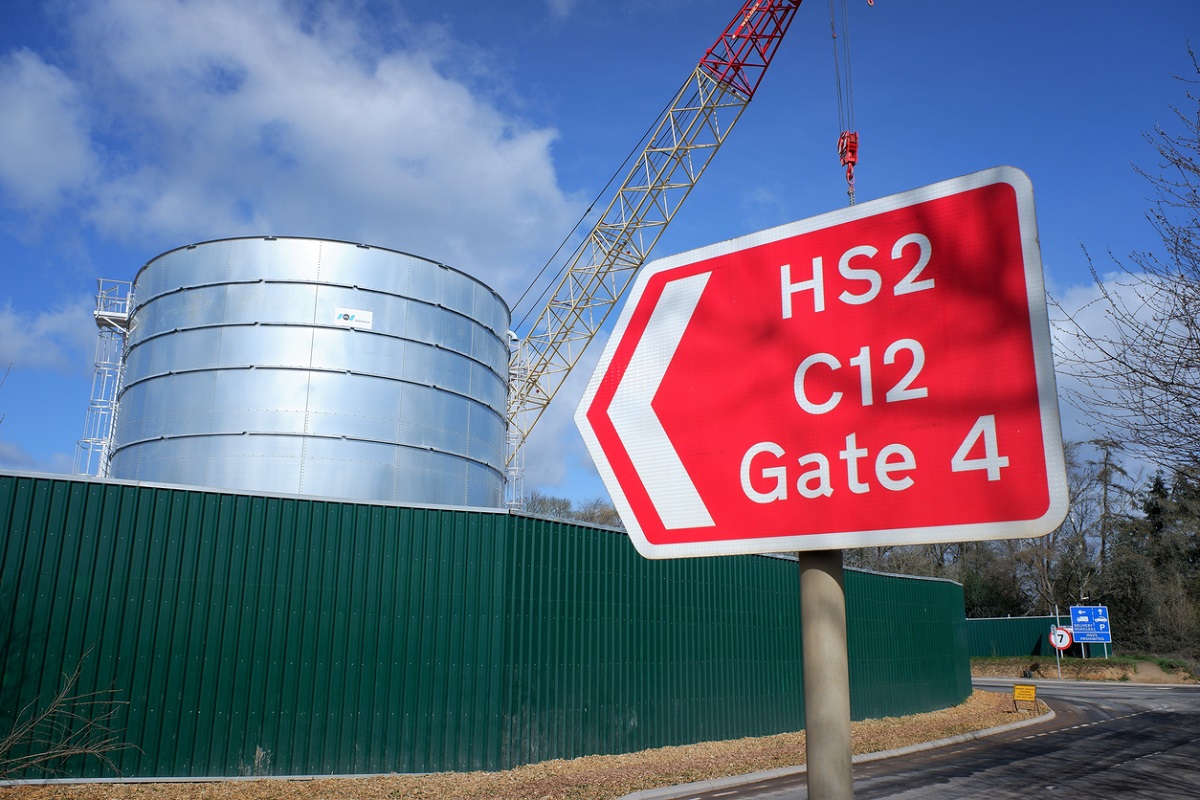 Sign pointing to High Speed 2 (HS2) ventilation shaft construction site in the Chiltern Hills