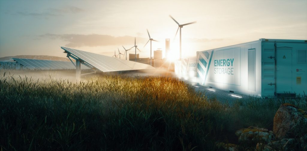 Smart grid renewable energy system solution for future smart cities at sunset. 3d rendering