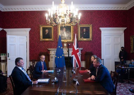 Brexit minister Lord Frost, flanked by Paymaster General Penny Mordaunt, sitting opposite European Commission vice president Maros Sefcovic, who is flanked by Principal Adviser, Service for the EU-UK Agreements (UKS) Richard Szostak, as he chairs the first EU-UK partnership council at Admiralty House in London. Picture date: Wednesday June 9, 2021.