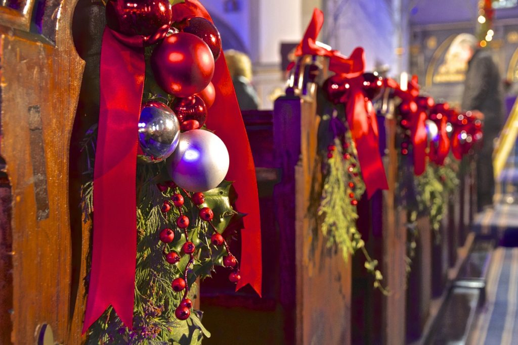 English Church Pews with Christmas Decoration